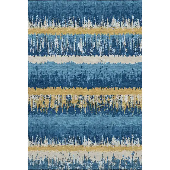 Navy Blue Gold And Ivory Striped Washable Area Rug With UV Protection Photo 1