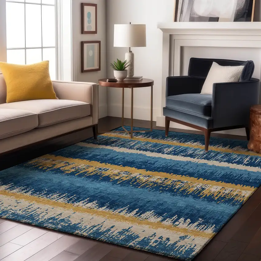 Navy Blue Gold And Ivory Striped Washable Area Rug With UV Protection Photo 4