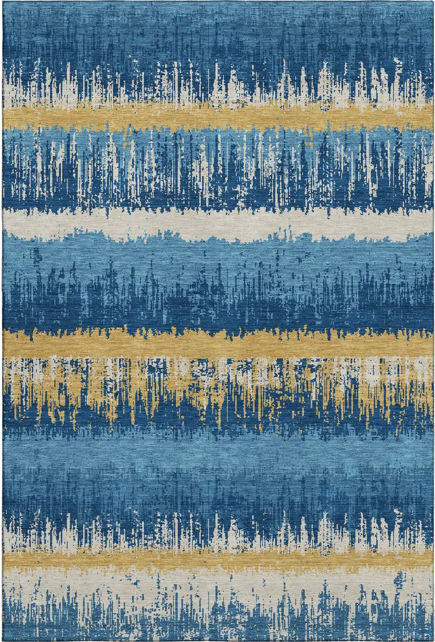 Navy Blue Gold And Ivory Striped Washable Area Rug With UV Protection Photo 1