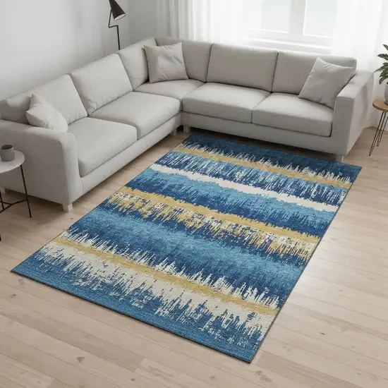 Navy Blue Gold And Ivory Striped Washable Area Rug With UV Protection Photo 2