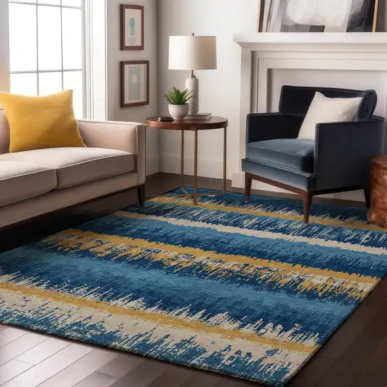 Navy Blue Gold And Ivory Striped Washable Area Rug With UV Protection Photo 4