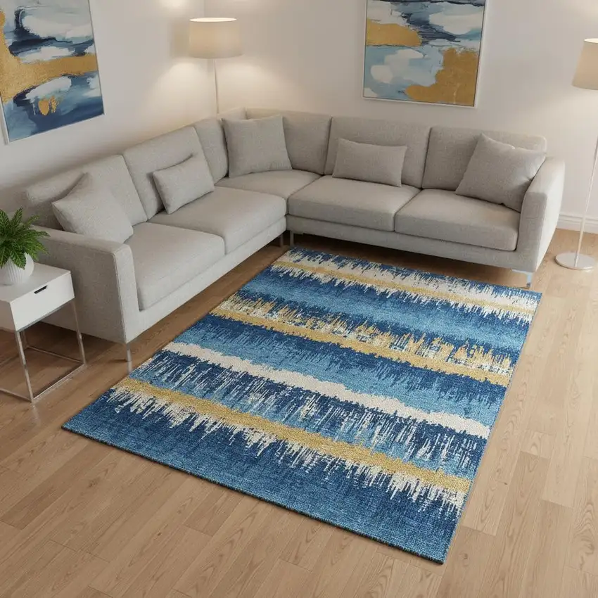 Navy Blue Gold And Ivory Striped Washable Area Rug With UV Protection Photo 2