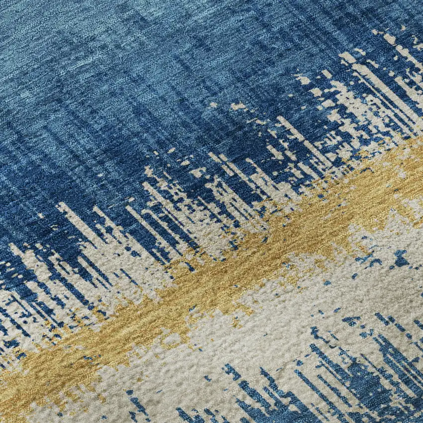 Navy Blue Gold And Ivory Striped Washable Area Rug With UV Protection Photo 9