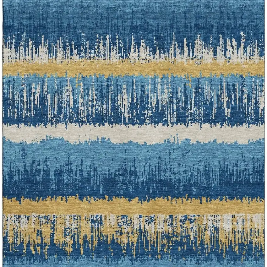 Navy Blue Gold And Ivory Striped Washable Area Rug With UV Protection Photo 2