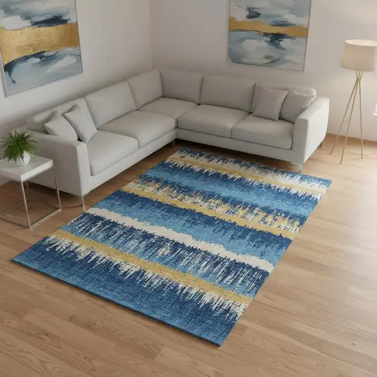 Navy Blue Gold And Ivory Striped Washable Area Rug With UV Protection Photo 2