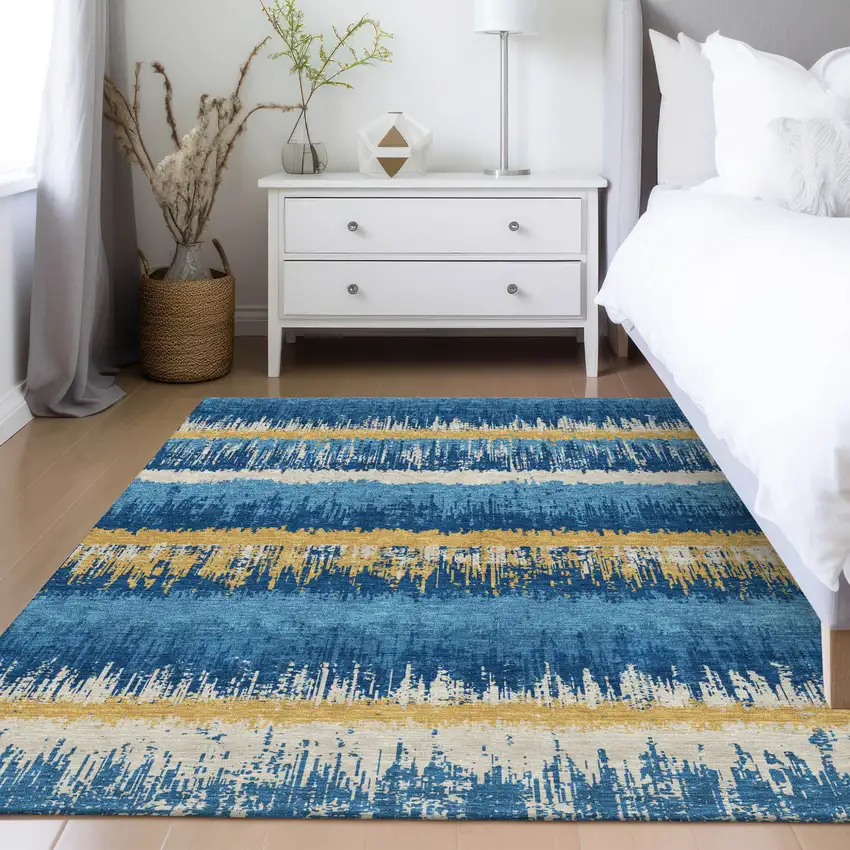 Navy Blue Gold And Ivory Striped Washable Indoor Outdoor Area Rug Photo 9