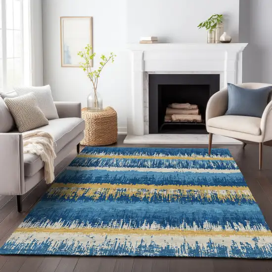 Navy Blue Gold And Ivory Striped Washable Indoor Outdoor Area Rug Photo 9