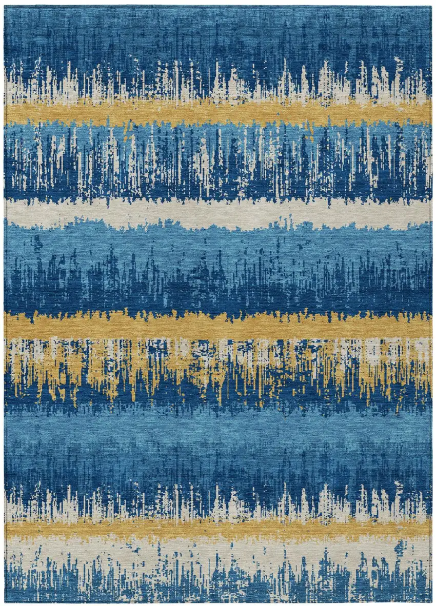 Navy Blue Gold And Ivory Striped Washable Indoor Outdoor Area Rug Photo 2