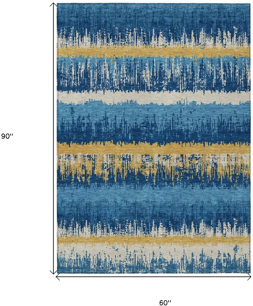 Navy Blue Gold And Ivory Striped Washable Indoor Outdoor Area Rug Photo 3