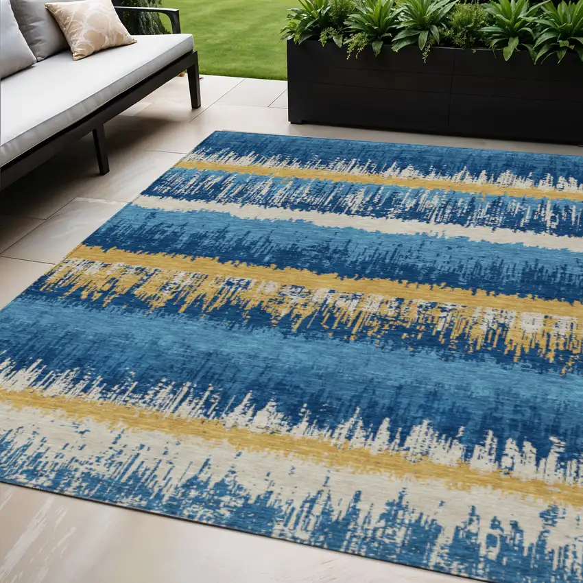 Navy Blue Gold And Ivory Striped Washable Indoor Outdoor Area Rug Photo 1