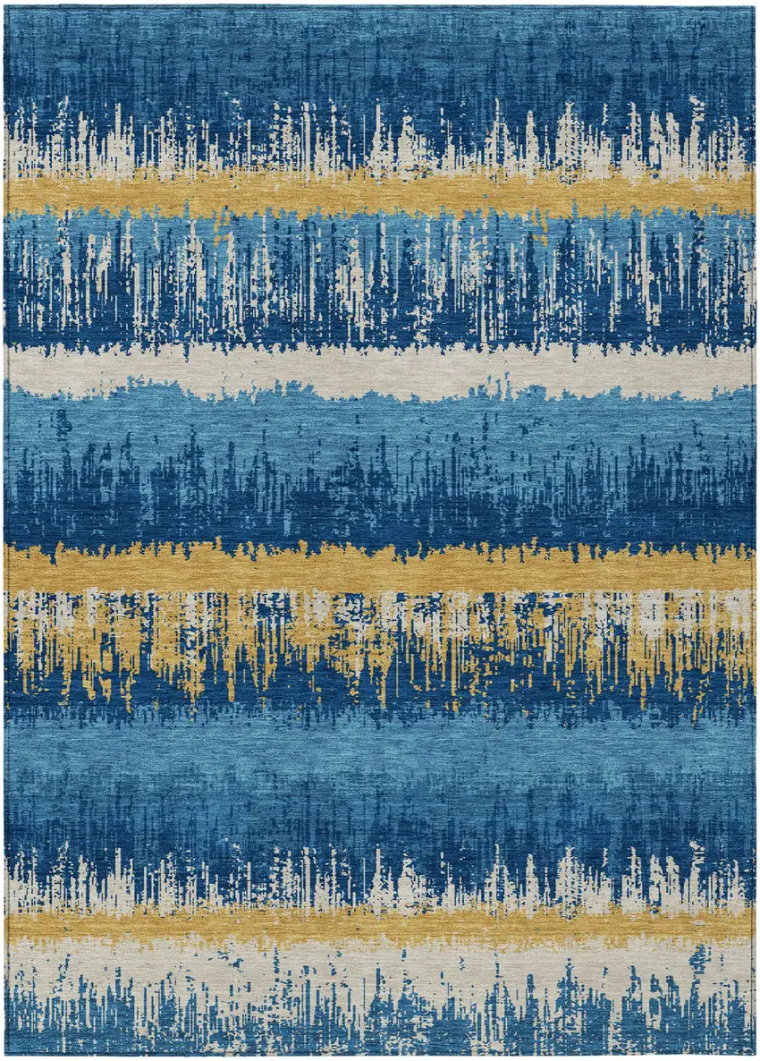 Navy Blue Gold And Ivory Striped Washable Indoor Outdoor Area Rug Photo 2