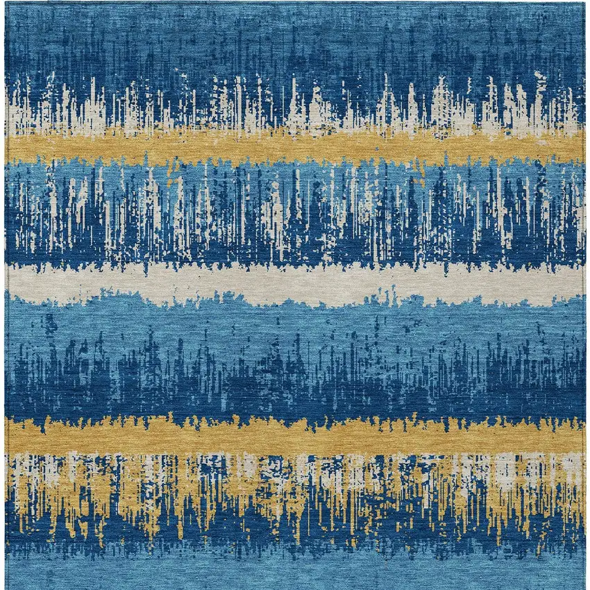 Navy Blue Gold And Ivory Striped Washable Indoor Outdoor Area Rug Photo 7