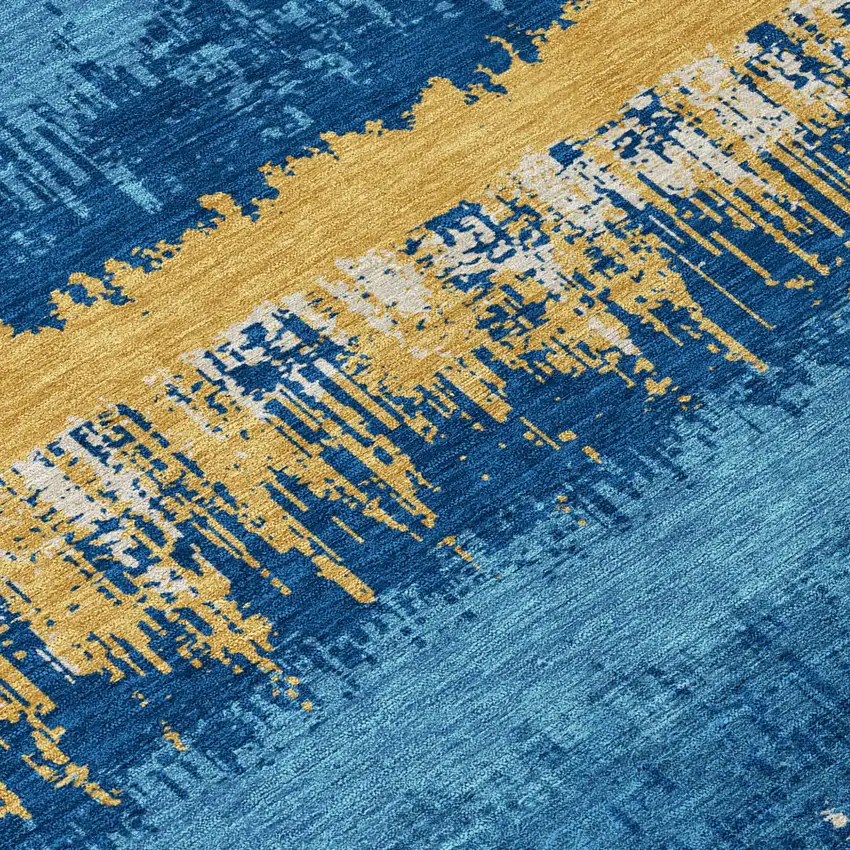 Navy Blue Gold And Ivory Striped Washable Indoor Outdoor Area Rug Photo 5