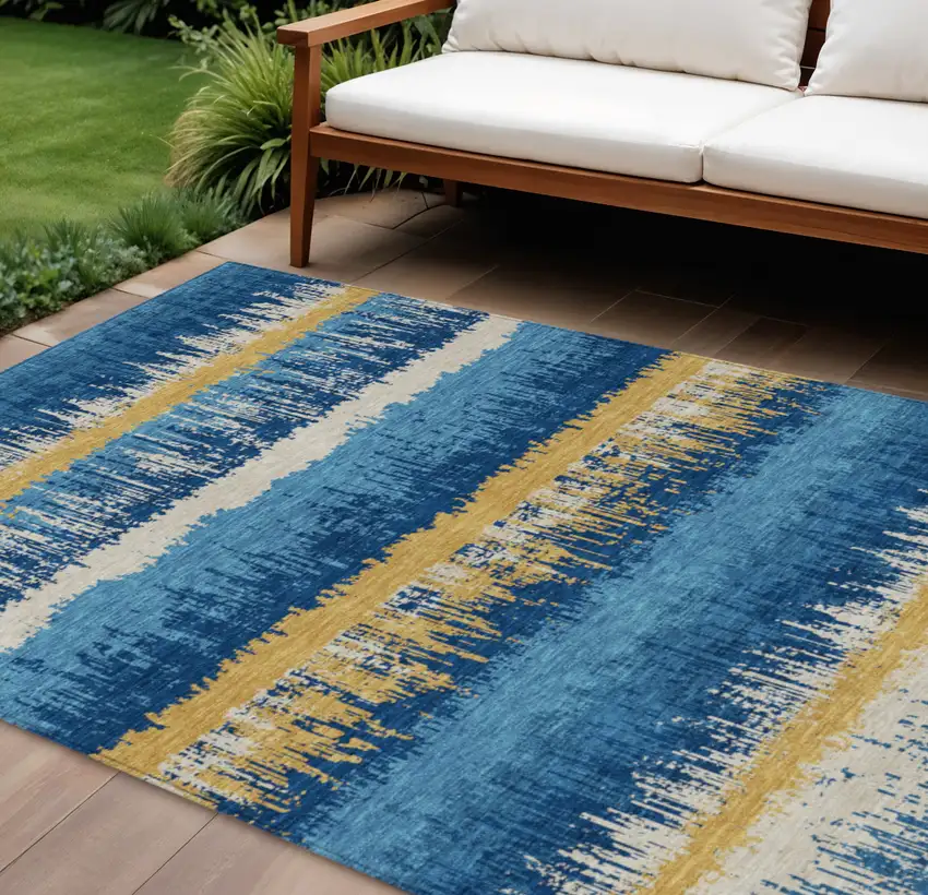Navy Blue Gold And Ivory Striped Washable Indoor Outdoor Area Rug Photo 1