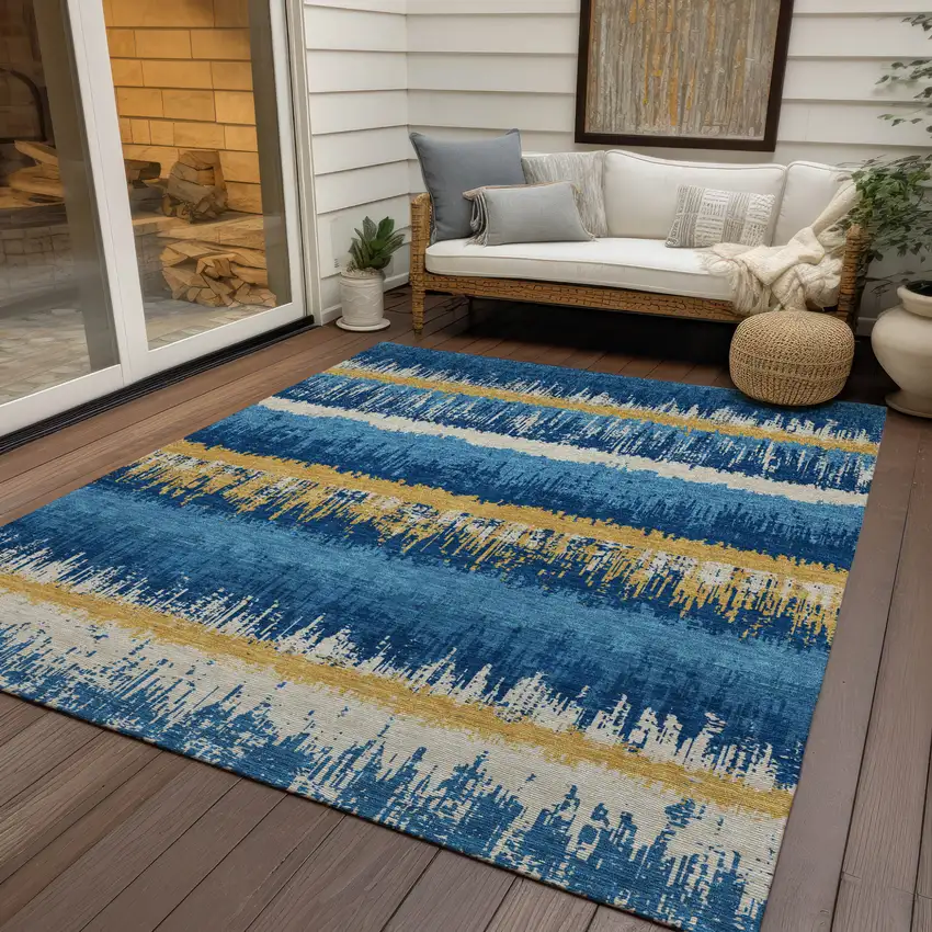 Navy Blue Gold And Ivory Striped Washable Indoor Outdoor Area Rug Photo 8