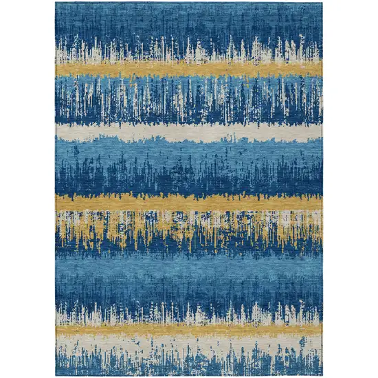 Navy Blue Gold And Ivory Striped Washable Indoor Outdoor Area Rug Photo 2