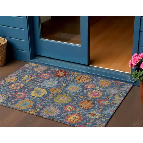 Navy Blue Gold And Pink Damask Washable Indoor Outdoor Area Rug Photo 1