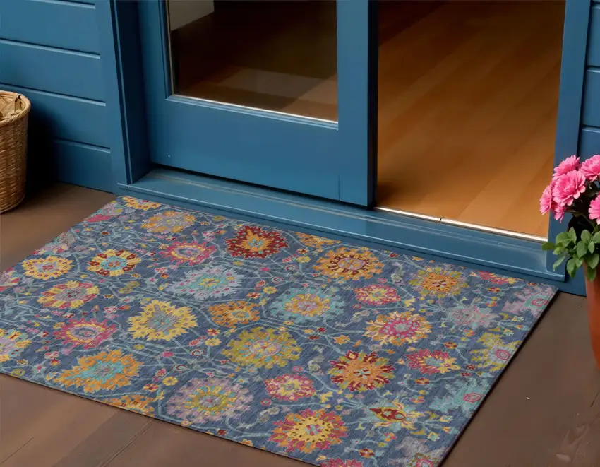 Navy Blue Gold And Pink Damask Washable Indoor Outdoor Area Rug Photo 1