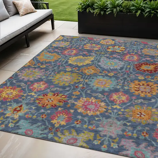 Navy Blue Gold And Pink Damask Washable Indoor Outdoor Area Rug Photo 1