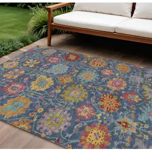 Photo of Navy Blue Gold And Pink Damask Washable Indoor Outdoor Area Rug