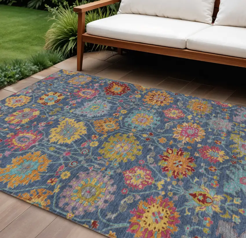 Navy Blue Gold And Pink Damask Washable Indoor Outdoor Area Rug Photo 1