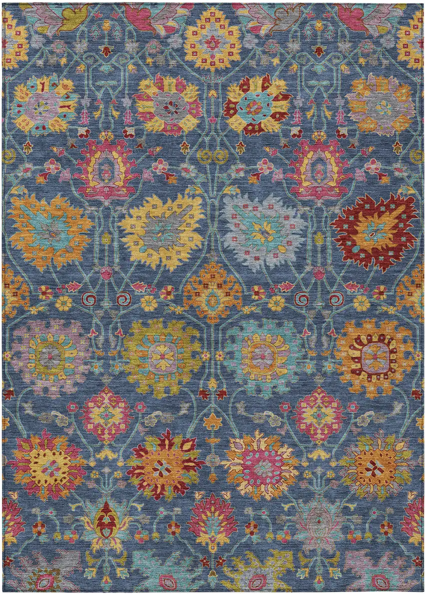 Navy Blue Gold And Pink Damask Washable Indoor Outdoor Area Rug Photo 2