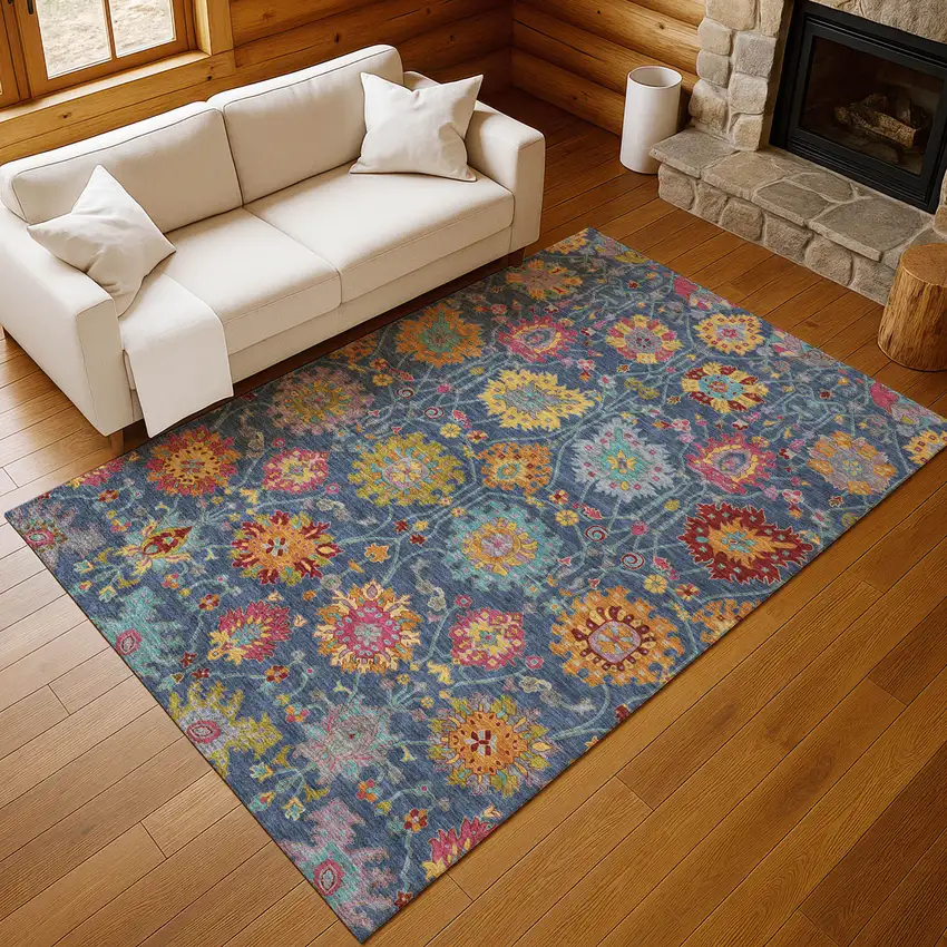 Navy Blue Gold And Pink Damask Washable Indoor Outdoor Area Rug Photo 9