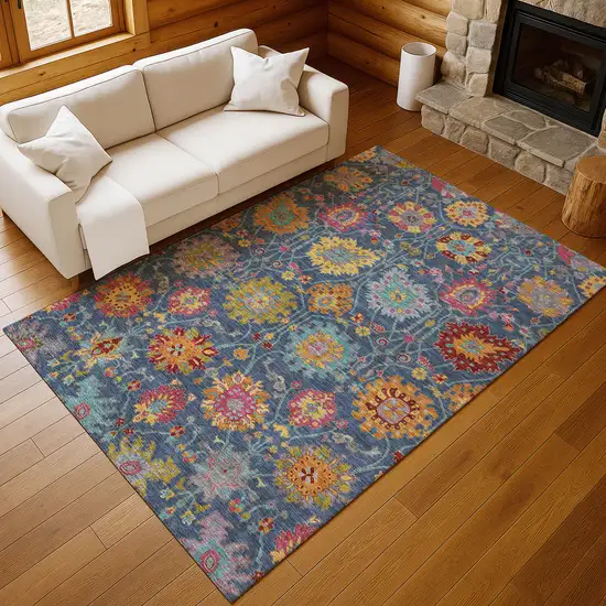 Navy Blue Gold And Pink Damask Washable Indoor Outdoor Area Rug Photo 9