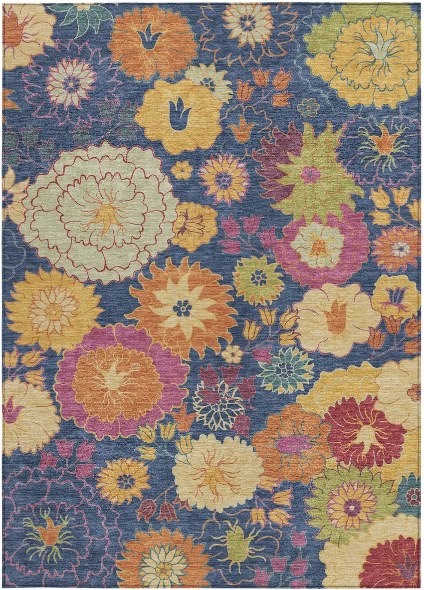 Navy Blue Gold And Pink Floral Washable Indoor Outdoor Area Rug Photo 4