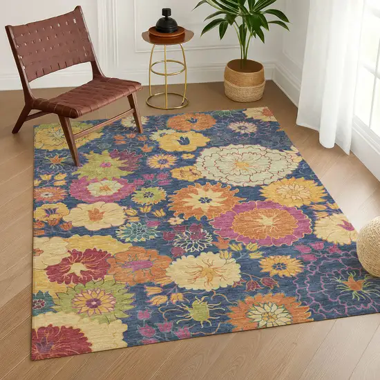Navy Blue Gold And Pink Floral Washable Indoor Outdoor Area Rug Photo 9