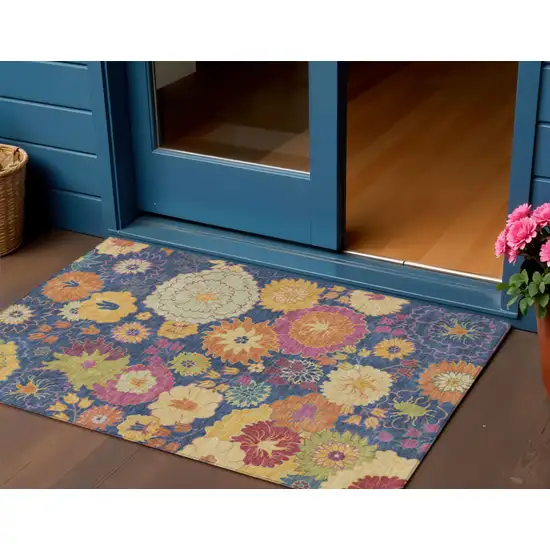 Navy Blue Gold And Pink Floral Washable Indoor Outdoor Area Rug Photo 1