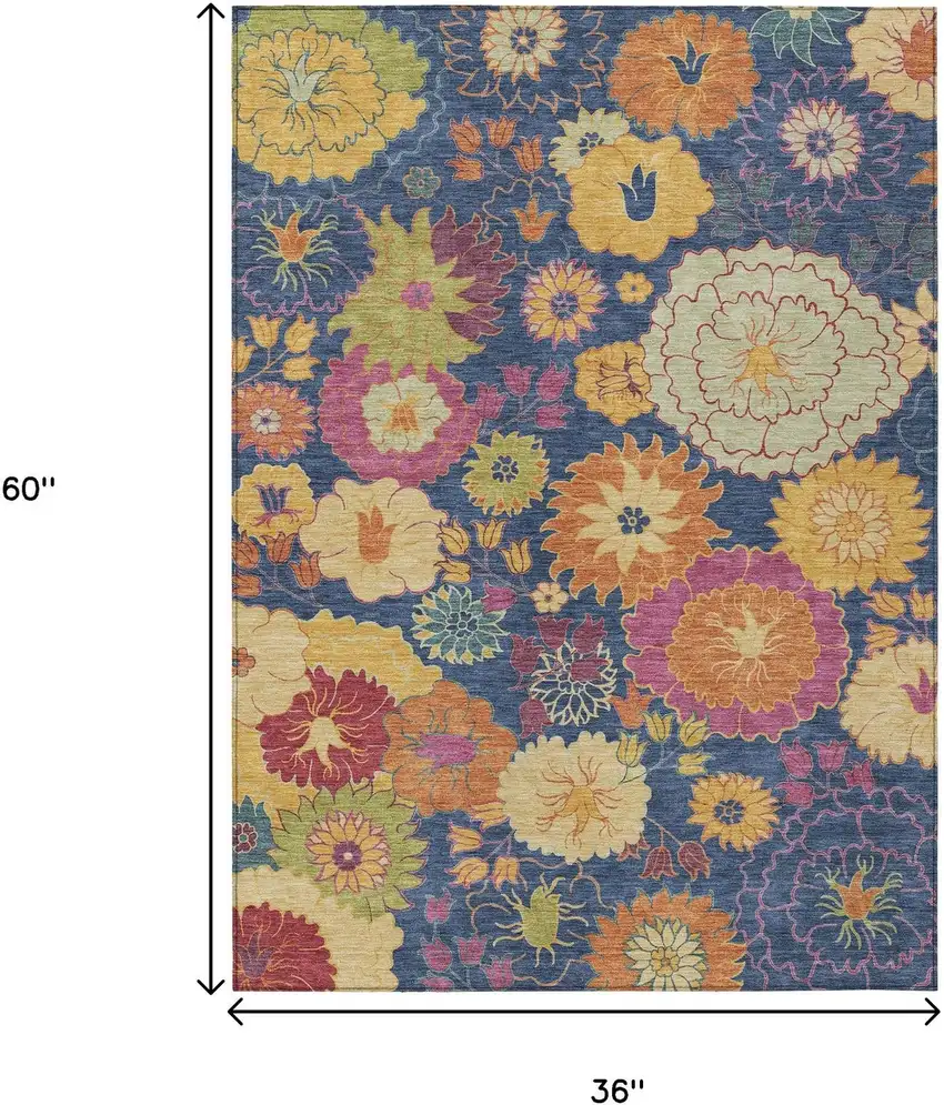 Navy Blue Gold And Pink Floral Washable Indoor Outdoor Area Rug Photo 3