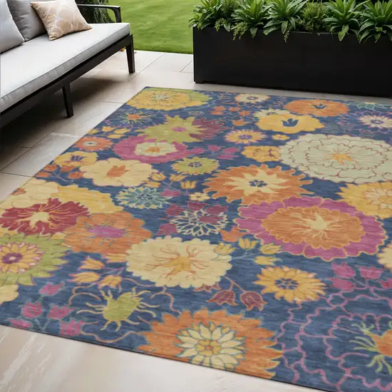 Navy Blue Gold And Pink Floral Washable Indoor Outdoor Area Rug Photo 1