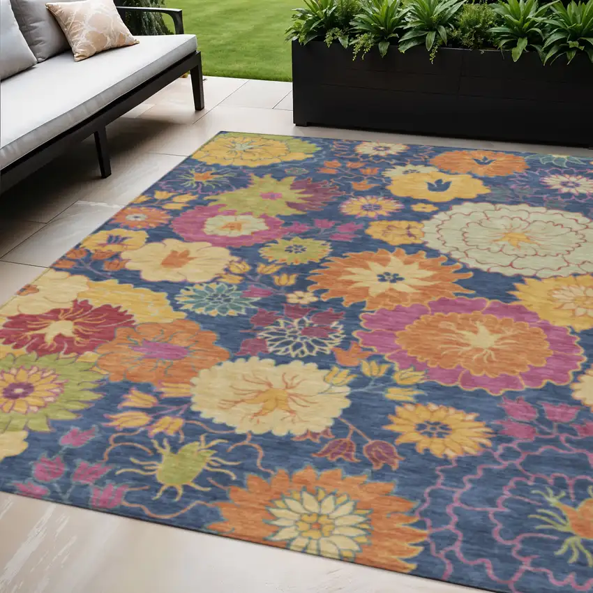 Navy Blue Gold And Pink Floral Washable Indoor Outdoor Area Rug Photo 1