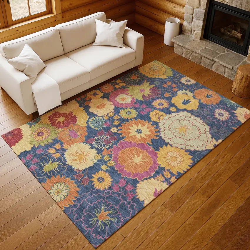 Navy Blue Gold And Pink Floral Washable Indoor Outdoor Area Rug Photo 9