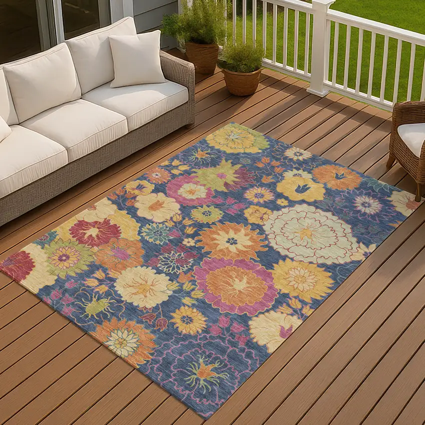 Navy Blue Gold And Pink Floral Washable Indoor Outdoor Area Rug Photo 9