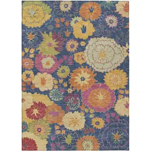 Photo of Navy Blue Gold And Pink Floral Washable Indoor Outdoor Area Rug