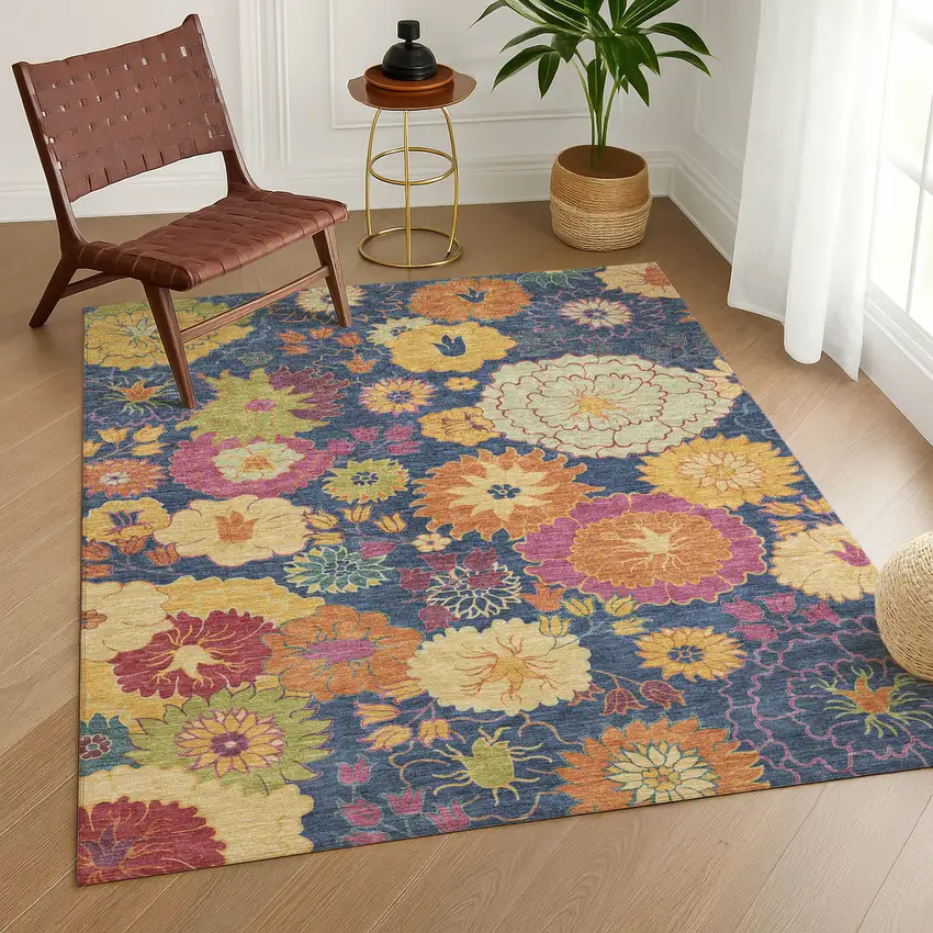 Navy Blue Gold And Pink Floral Washable Indoor Outdoor Area Rug Photo 9