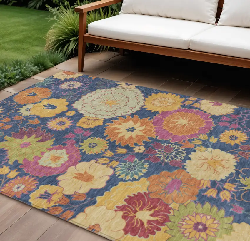 Navy Blue Gold And Pink Floral Washable Indoor Outdoor Area Rug Photo 1