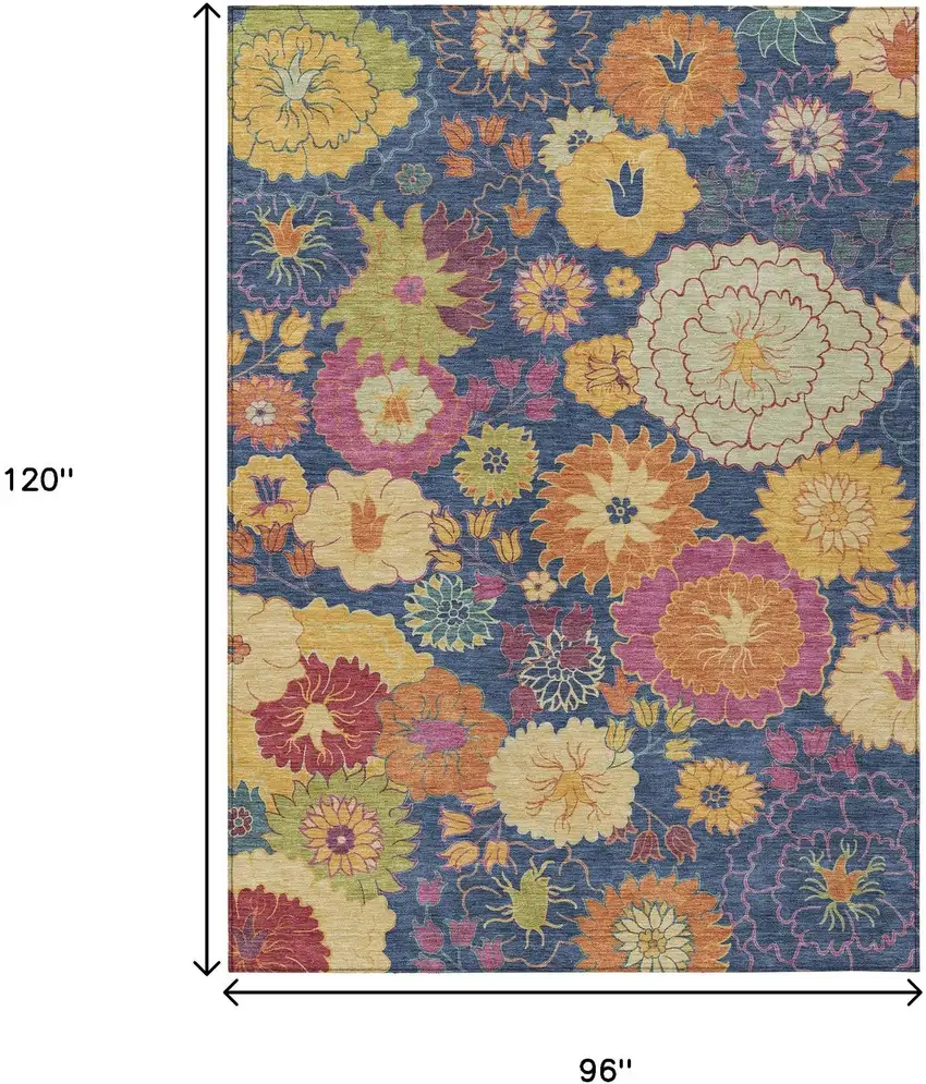 Navy Blue Gold And Pink Floral Washable Indoor Outdoor Area Rug Photo 3