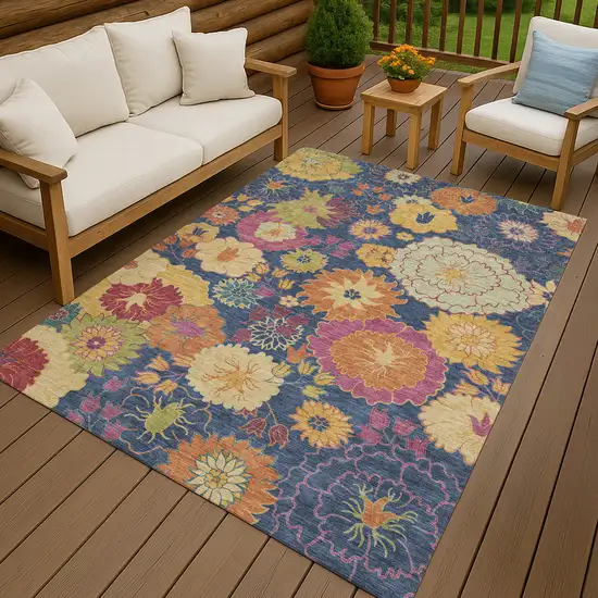 Navy Blue Gold And Pink Floral Washable Indoor Outdoor Area Rug Photo 9