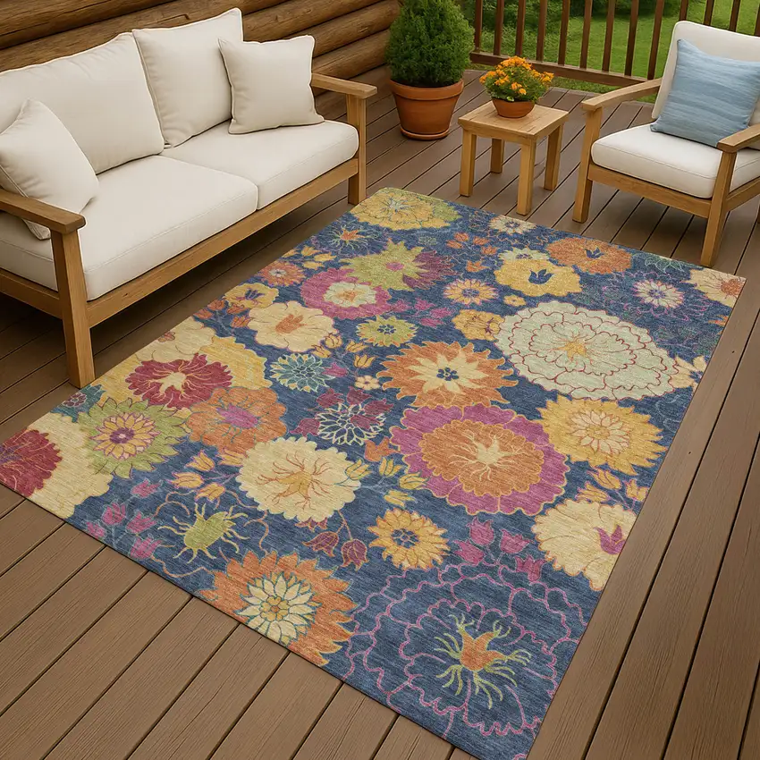Navy Blue Gold And Pink Floral Washable Indoor Outdoor Area Rug Photo 9