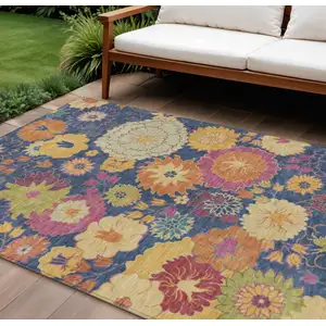 Photo of Navy Blue Gold And Pink Floral Washable Indoor Outdoor Area Rug