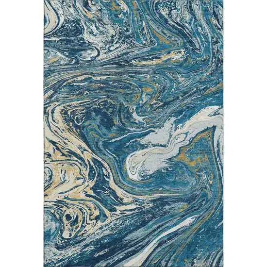 Navy Blue Gold And White Abstract Washable Area Rug With UV Protection Photo 1