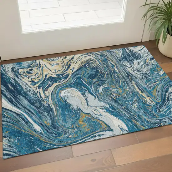 Navy Blue Gold And White Abstract Washable Area Rug With UV Protection Photo 1