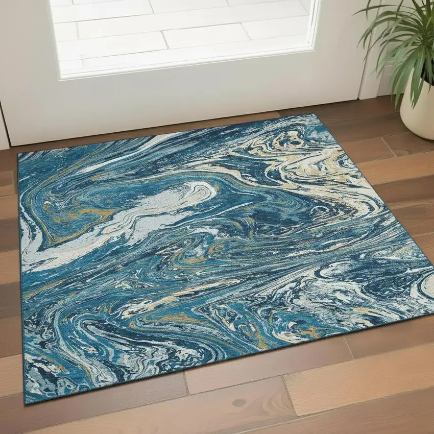 Navy Blue Gold And White Abstract Washable Area Rug With UV Protection Photo 2