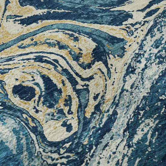 Navy Blue Gold And White Abstract Washable Area Rug With UV Protection Photo 9