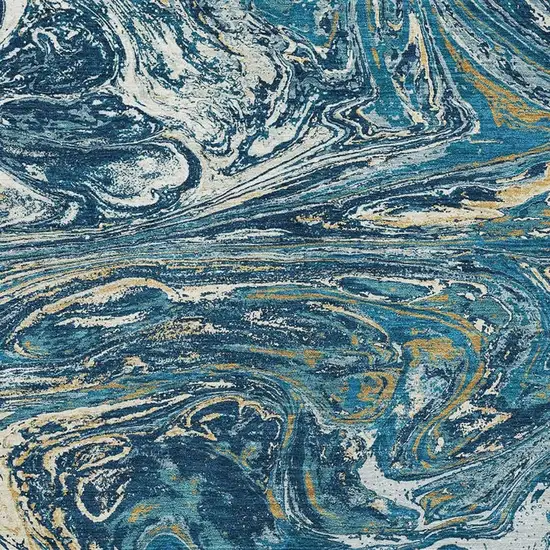 Navy Blue Gold And White Abstract Washable Area Rug With UV Protection Photo 2