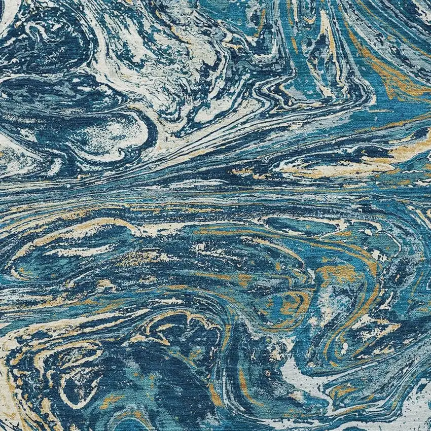 Navy Blue Gold And White Abstract Washable Area Rug With UV Protection Photo 2