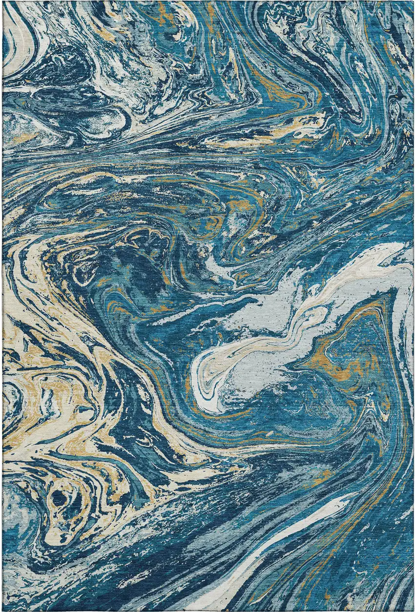 Navy Blue Gold And White Abstract Washable Area Rug With UV Protection Photo 1